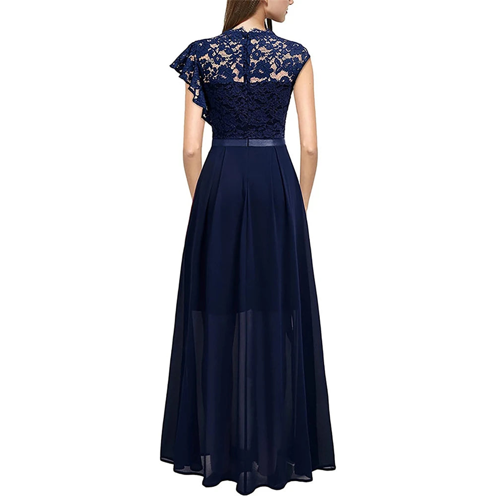 Elegant Women Sleeveless Long Evening Dress With Belt Slit Ruffles