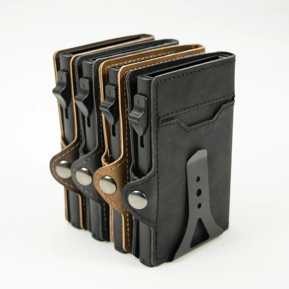 CASEKEY Top Quality Leather Cash Clip Wallet RFID NFC Protection Pop Up Metal Card Holder Case