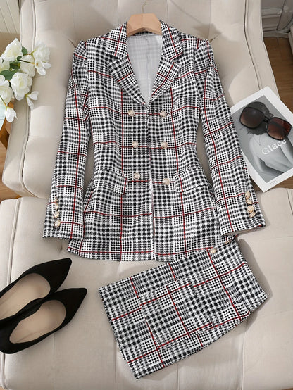 Women's Casual Two-Piece Suit Set, Long-Sleeved Flip-Top Double-Breasted Jacket and Mini Hip-Hugging Skirt