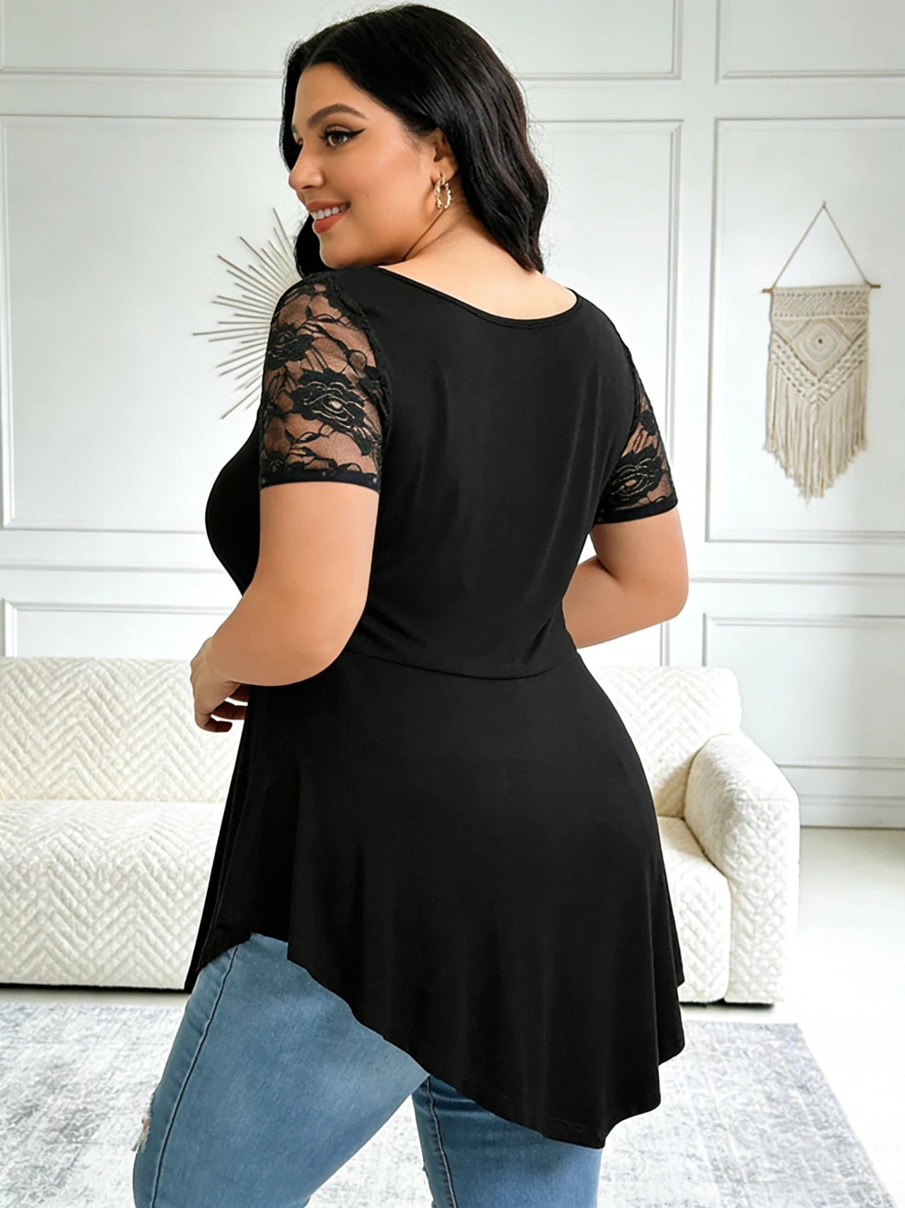 Women’s Plus Size Lace Panel Tunic short Sleeve Asymmetric Hem Flowy Blouse