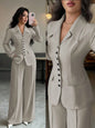 Cream Solid Color Tailored Blazer & Wide Leg Pants 2-Piece Set, V-Neck, Contrast Buttons,