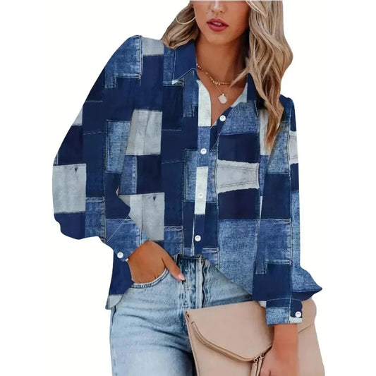 Plus Size 1XL-5XL Women's Autumn Checkered Button Up Shirt Long Sleeve