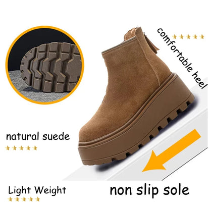 Fujin 7cm Suede Leather Snow Boots Non Slip Chelsea Boots Chunky Heel