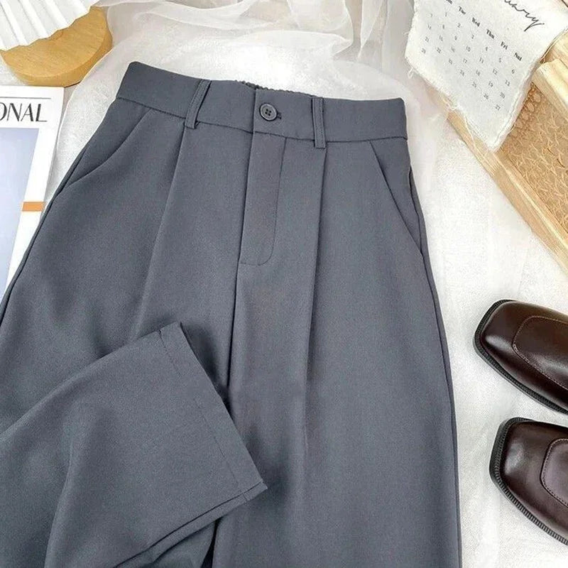 Fall Spring Black Suit Haren Pants Elastic High Waist Casual