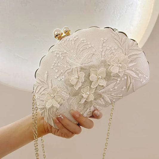Shell Clip Evening Clutch, Fashion White Embroidered Lace