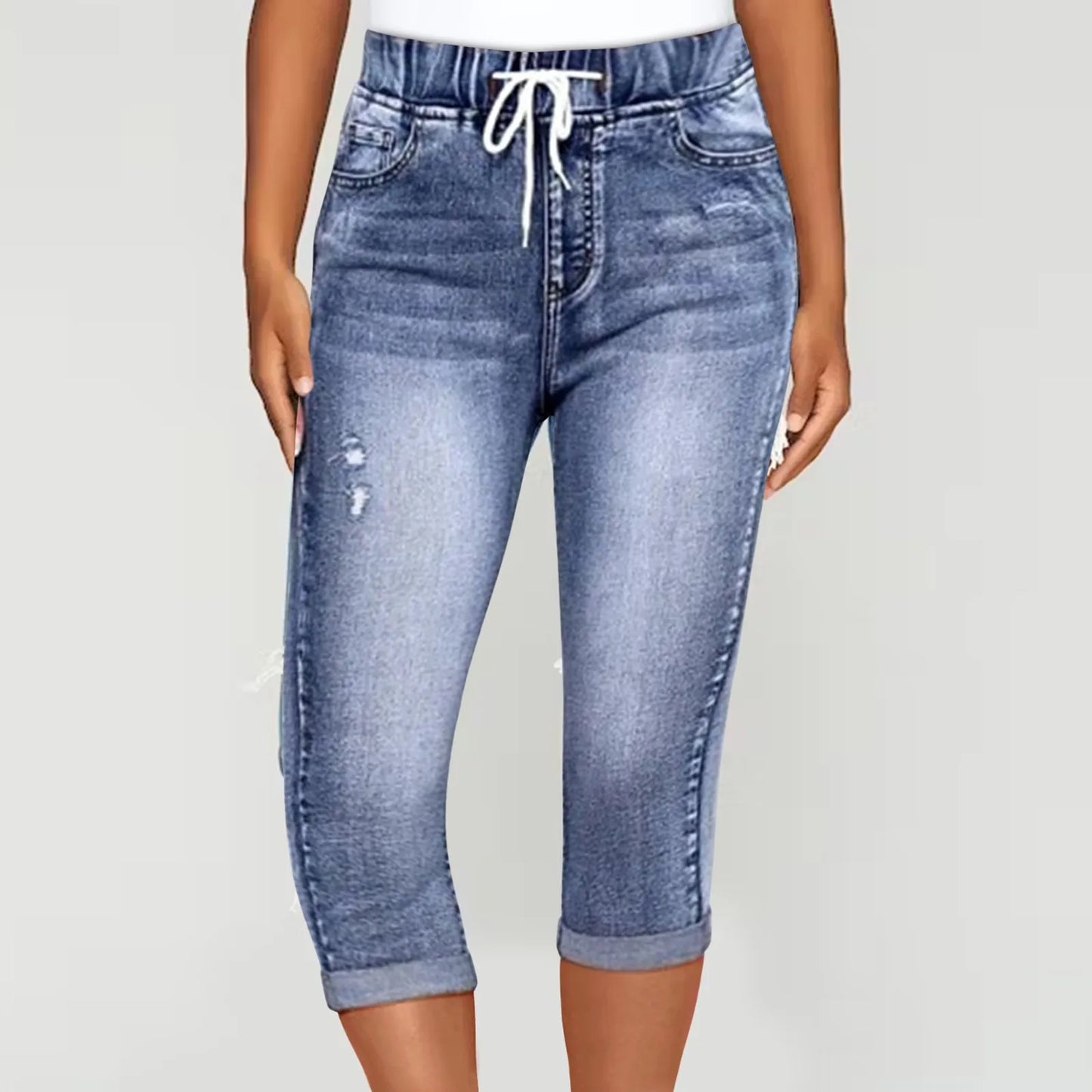 Women's Denim High Waist Slim Fit Drawstring Waistband Capri Pants