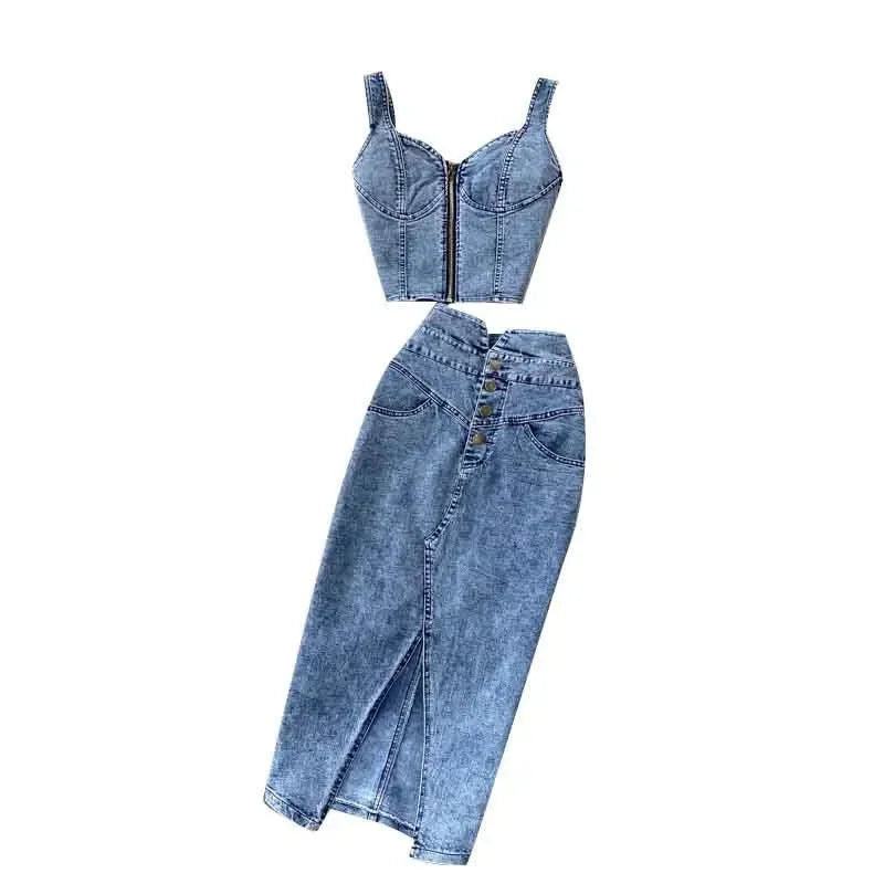 denim 2 piece outfits summer top and skirt