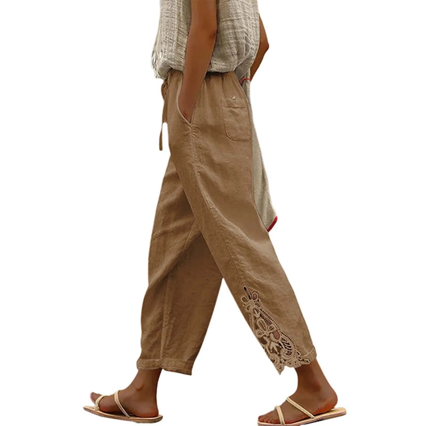 High Waist Casual Lace Spliced Pants Drawstring Pockets