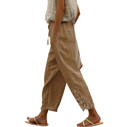 High Waist Casual Lace Spliced Pants Drawstring Pockets