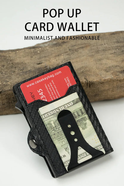CASEKEY Top Quality Leather Cash Clip Wallet RFID NFC Protection Pop Up Metal Card Holder Case