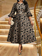 Plus Size Jacquard Floral Dress with Flared Sleeves & Waist Belt