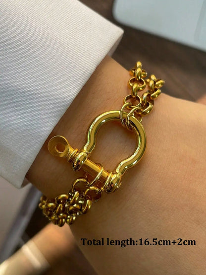 1PC Luxury Gold& Silver Horseshoe Bracelet, Chunky, Stainless Steel Bracelet