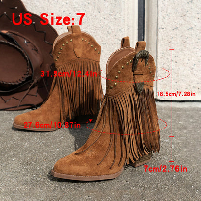 Women's fashion tassel rivet mid western cowboy boots