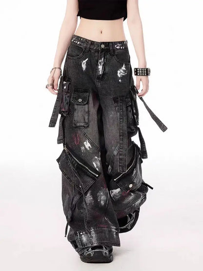 American Street Oversize Washed Retro Heavy Industry Motorcycle Jeans