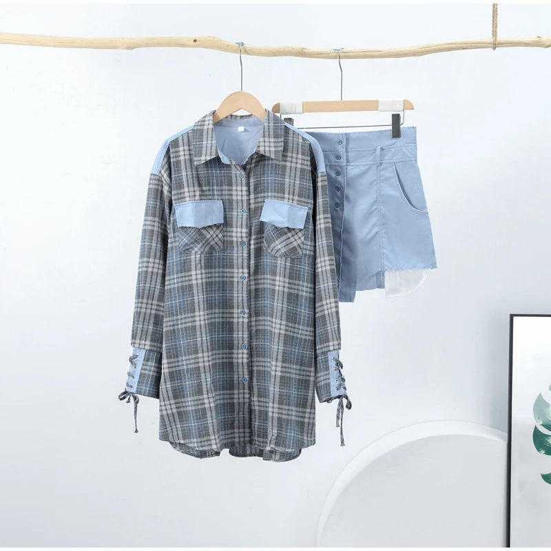 Lapel Color Blocked Shirt Waist Cinching Irregular Hem Short Skirt Set Woman Loose Long Plaid Shirt Patchwork Women Denim Suits