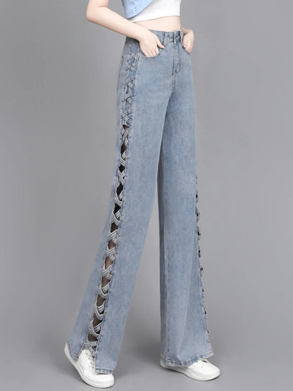 Hollow Wide Leg Jeans Casual Design Slimming High Waist