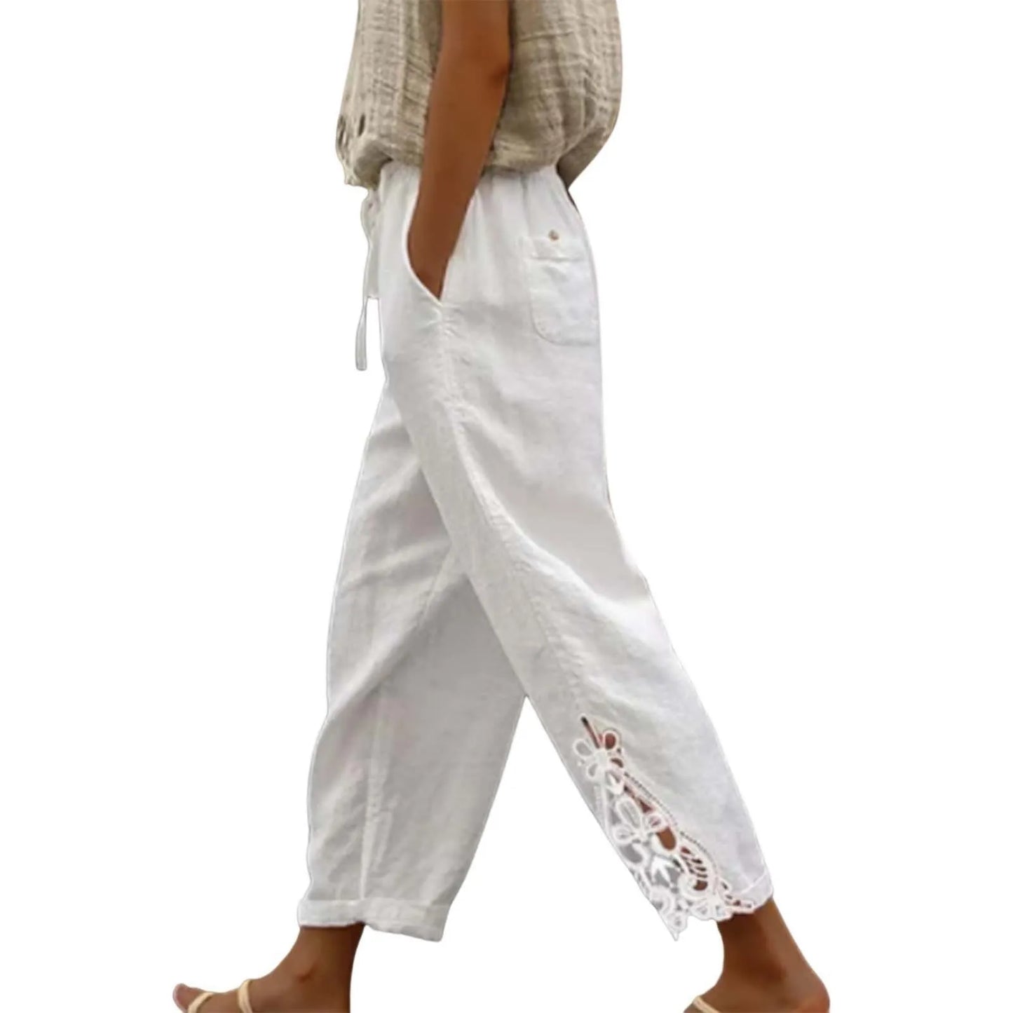 High Waist Casual Lace Spliced Pants Drawstring Pockets