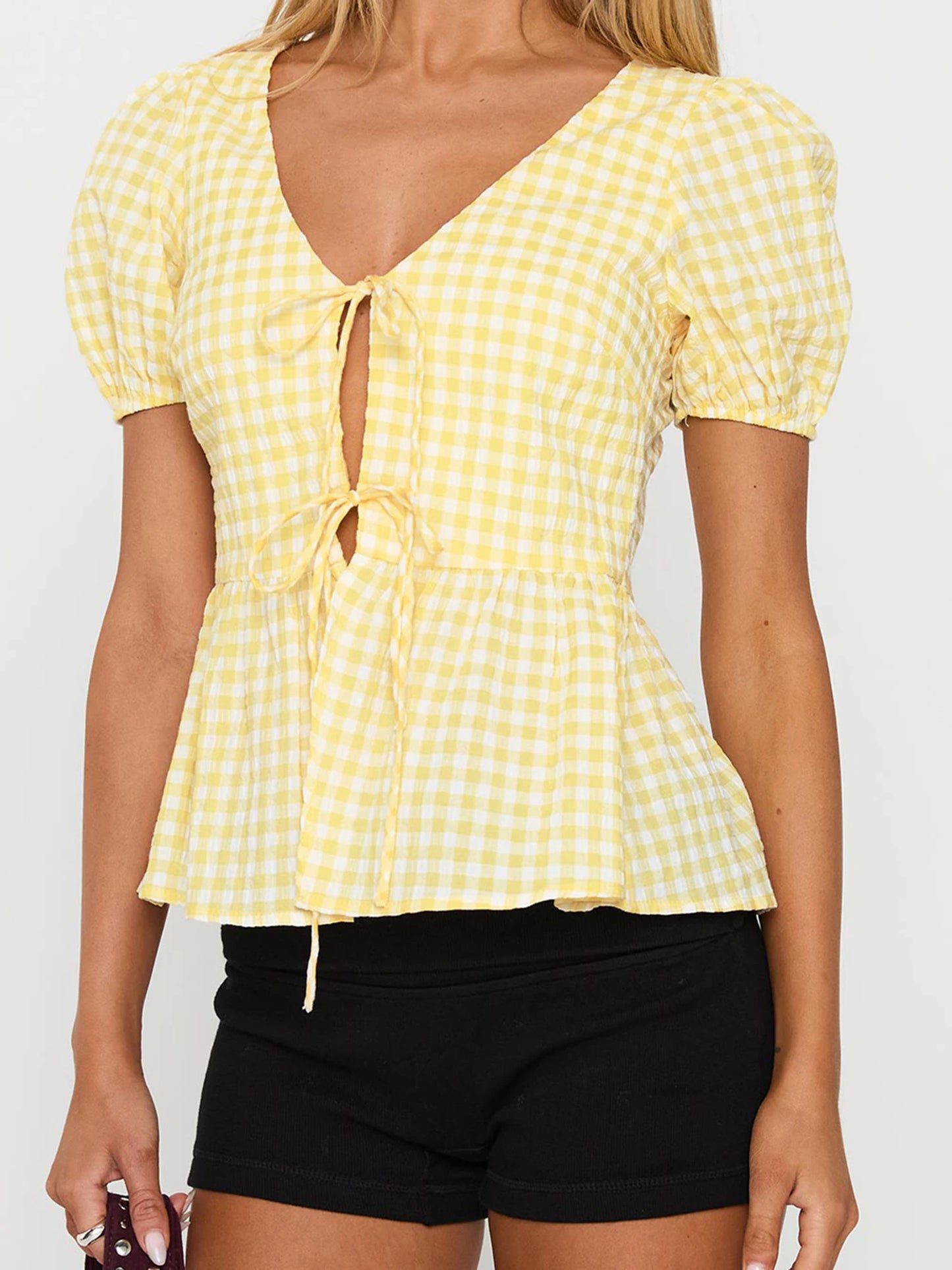 Women s Plaid Print Tie-Front Blouse with Short Sleeves and V-Neckline