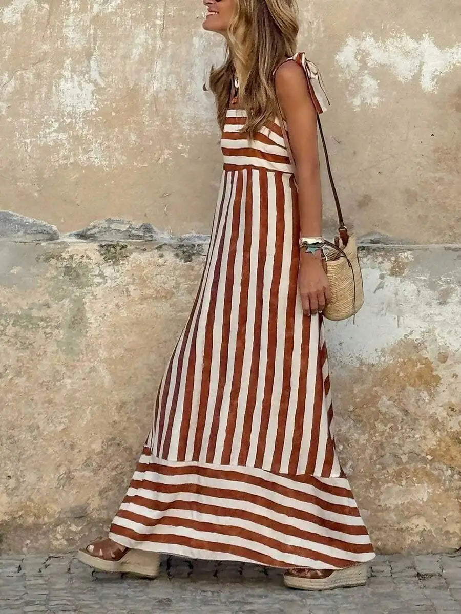Striped Sleeveless A-Line Maxi Dress for Women, Boho Summer Casual Dress