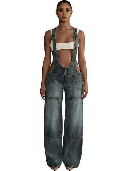 Low Waist shoulder Strap Wide Leg Jeans Low Rise Cargo Trousers with Straps