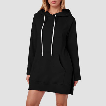 Women Solid Color Hoodie Dress Casual Loose Pullover Long Sleeve Drawstring Mid Dress with Side Slit