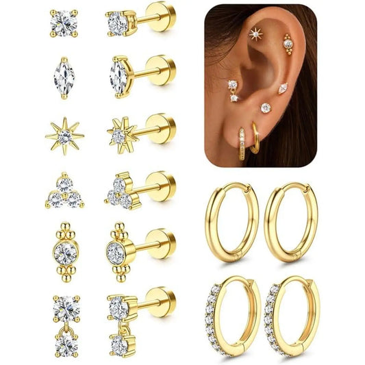 8 Pairs 20G Hypoallergenic Flat Back Stud,and Hoop Earrings