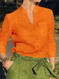 Women's White Linen Blend Button-Up Blouse with V-Neck and Chest Pocket