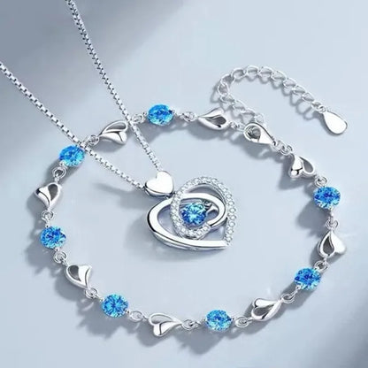 925 Sterling Silver Heart Shaped Necklace Bracelet Set Blue Crystal Bracelets