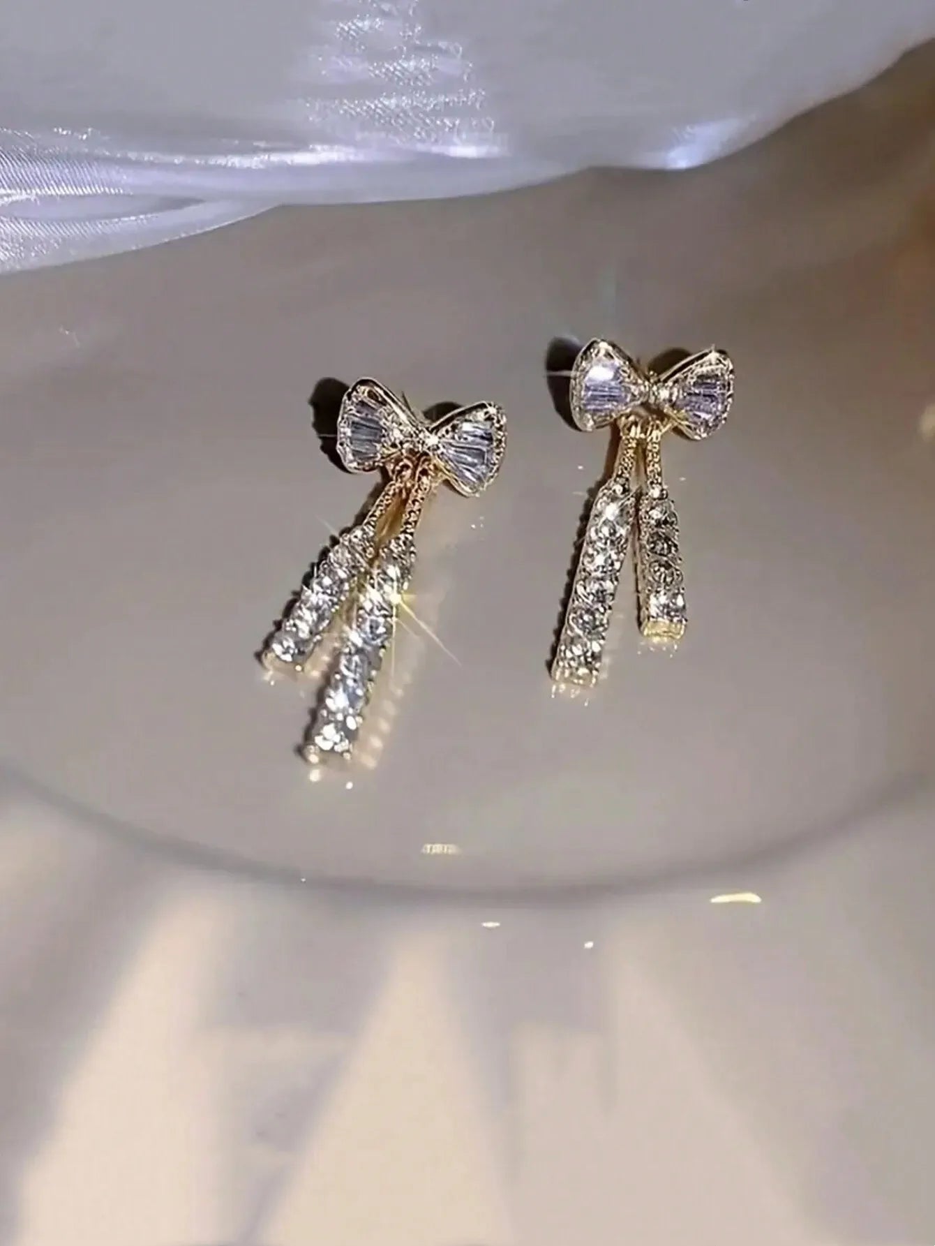 Bow Crystal Drop Earrings Sparkling Cubic Zirconia Long Tassel Earrings