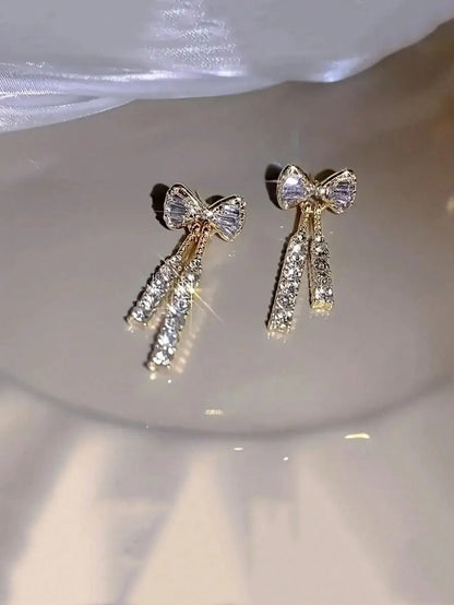 Bow Crystal Drop Earrings Sparkling Cubic Zirconia Long Tassel Earrings