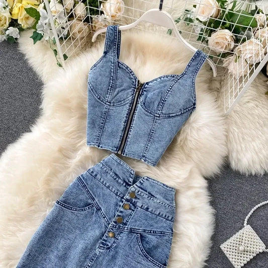 denim 2 piece outfits summer top and skirt