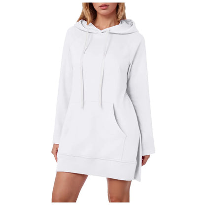 Women Solid Color Hoodie Dress Casual Loose Pullover Long Sleeve Drawstring Mid Dress with Side Slit