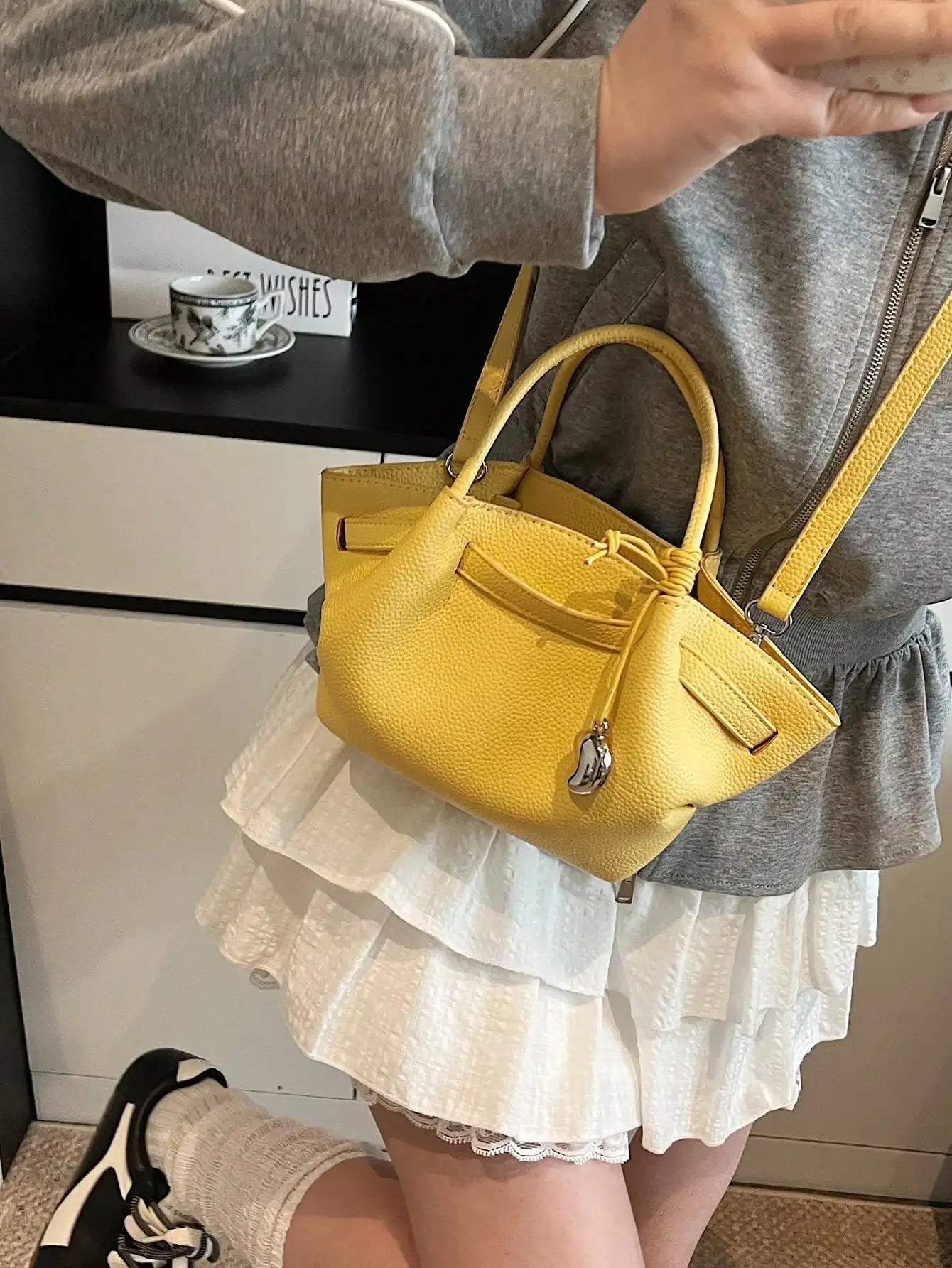 Bright Yellow Textured Leather Top-Handle Tote Bag, Large Capacity Casual Shoulder Crossbody