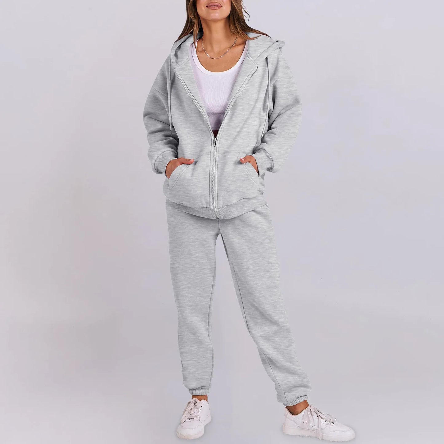 Women Long Sleeve Solid Color Hooded Sweatshirt and Pant