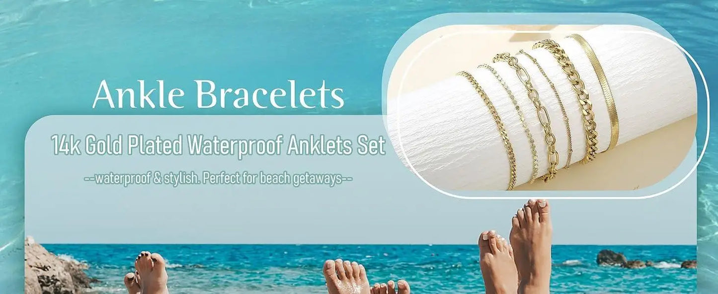 6PCS Ankle Bracelets for Women 14K Gold-plated  Anklets Stainless Steel