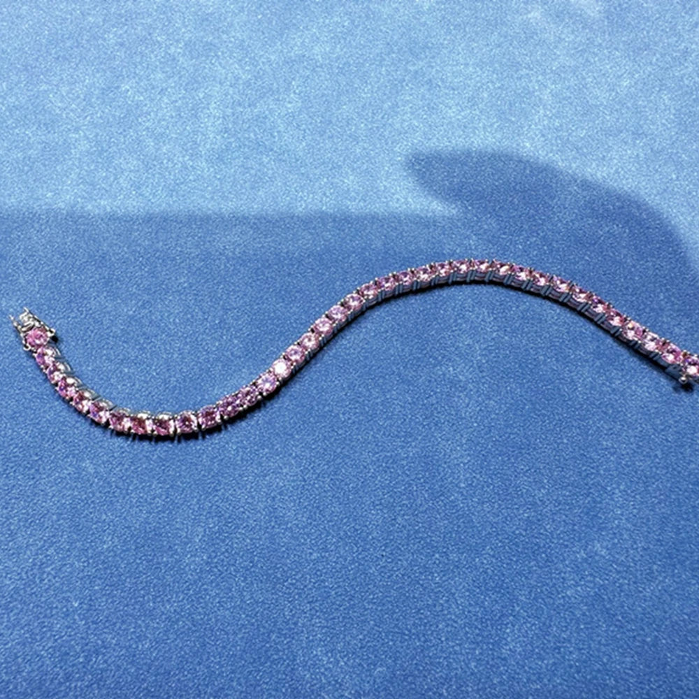 New In Solid 925 Sterling Silver 5MM Lab Pink Sapphire Gemstone Tennis Chain Bracelets