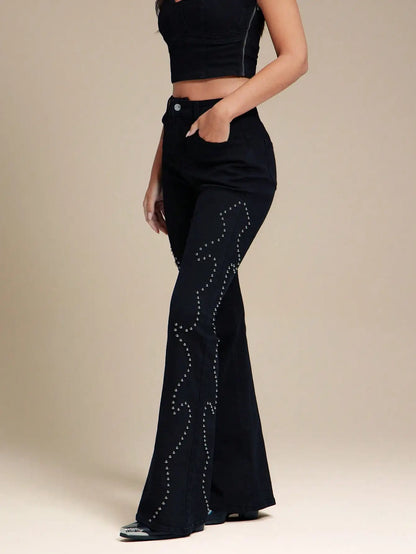 High Waist Western Studded Flared Denim Jeans