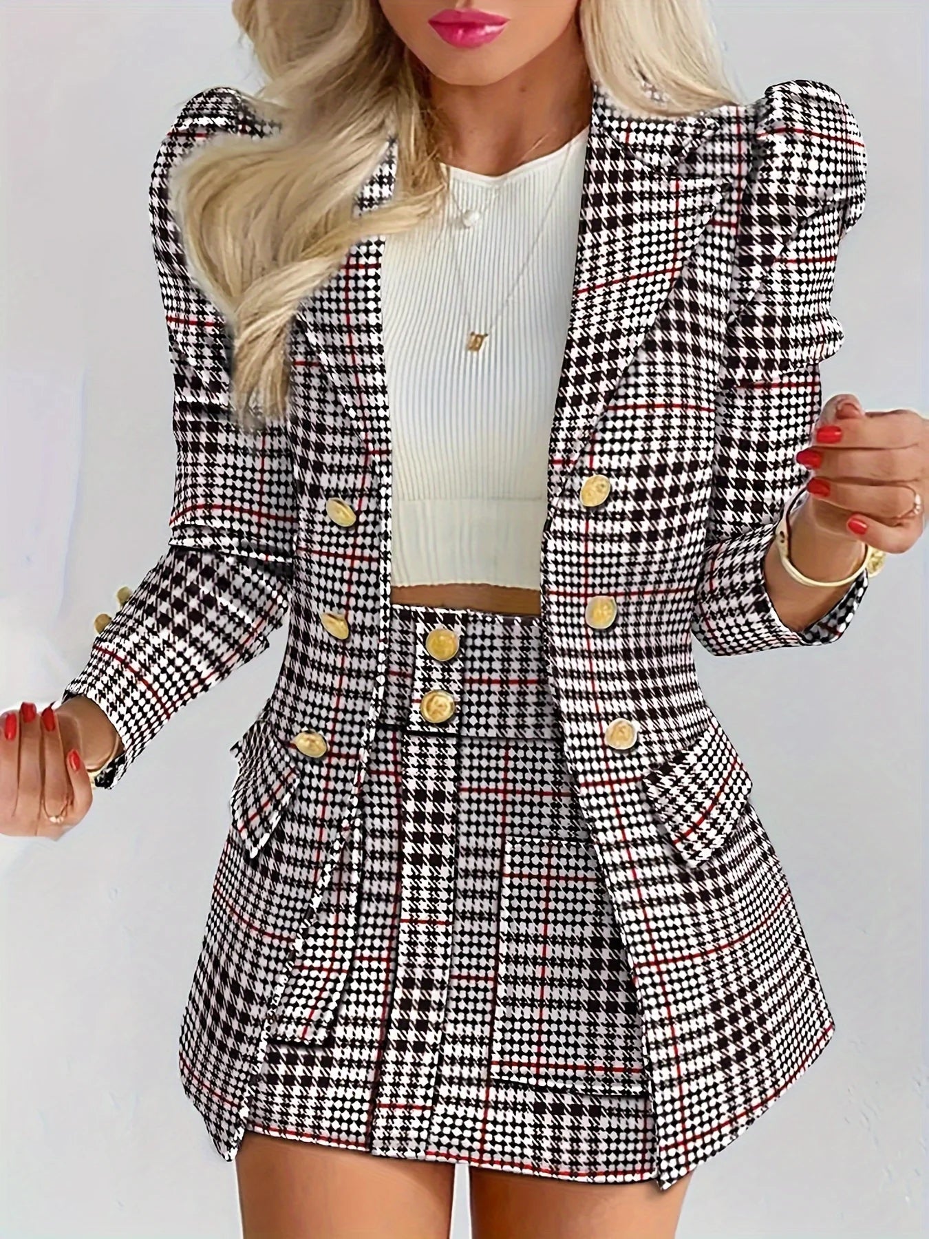 Women's Casual Two-Piece Suit Set, Long-Sleeved Flip-Top Double-Breasted Jacket and Mini Hip-Hugging Skirt