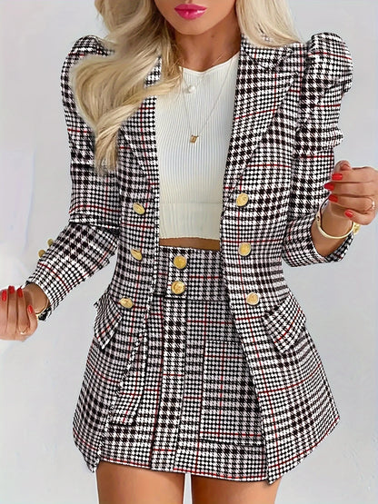 Women's Casual Two-Piece Suit Set, Long-Sleeved Flip-Top Double-Breasted Jacket and Mini Hip-Hugging Skirt