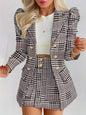 Women's Casual Two-Piece Suit Set, Long-Sleeved Flip-Top Double-Breasted Jacket and Mini Hip-Hugging Skirt