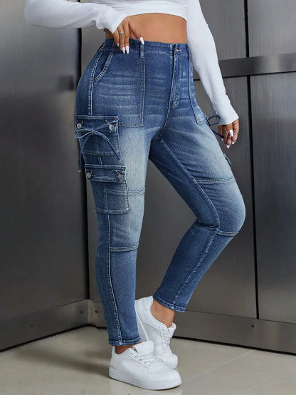 Plus Size High-Waisted Cargo Pocket Skinny Jeans with Drawstring Detail