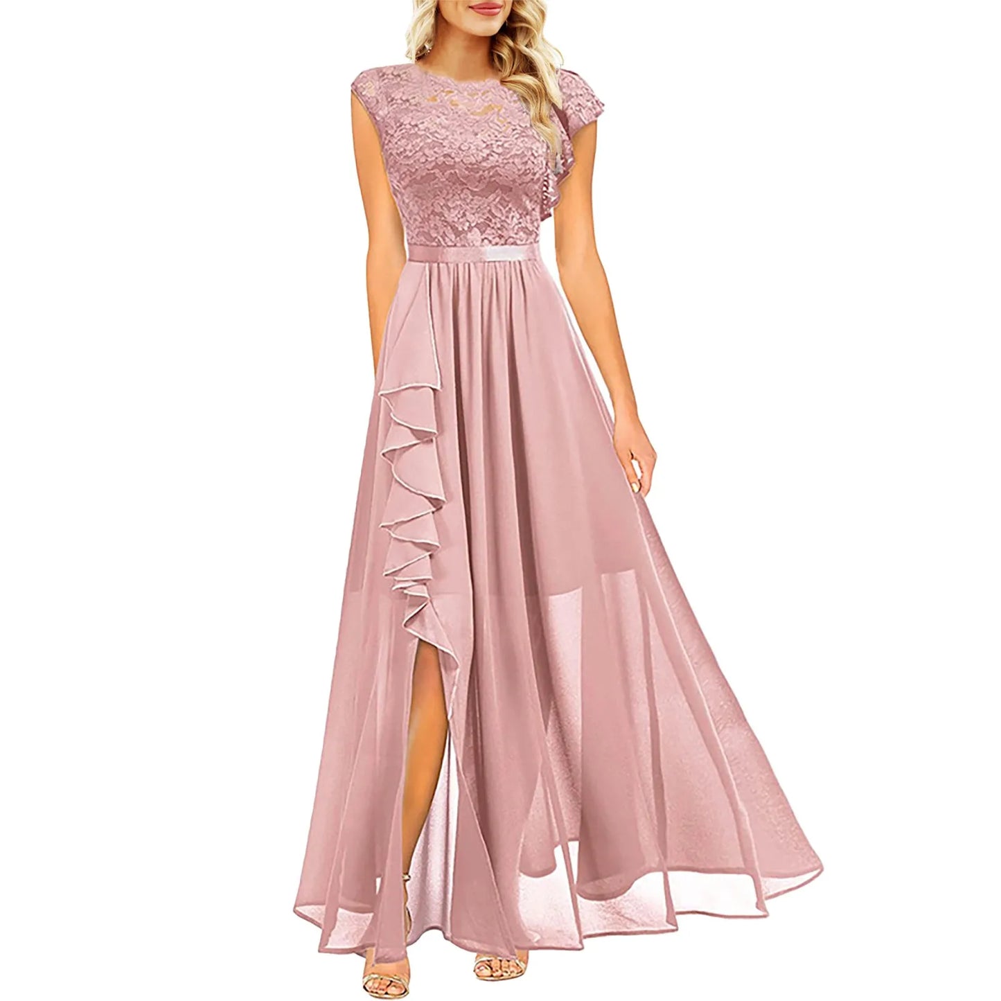 Elegant Women Sleeveless Long Evening Dress With Belt Slit Ruffles