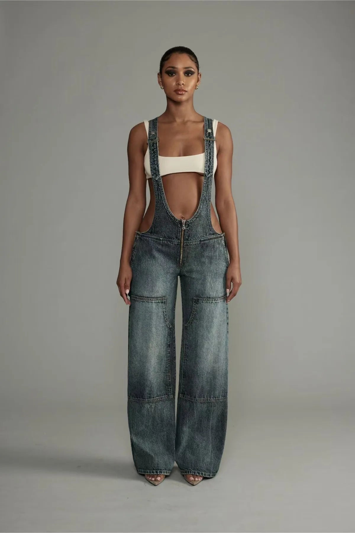 Low Waist shoulder Strap Wide Leg Jeans Low Rise Cargo Trousers with Straps