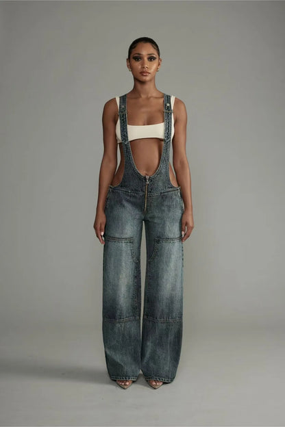 Low Waist shoulder Strap Wide Leg Jeans Low Rise Cargo Trousers with Straps