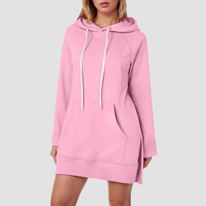 Women Solid Color Hoodie Dress Casual Loose Pullover Long Sleeve Drawstring Mid Dress with Side Slit