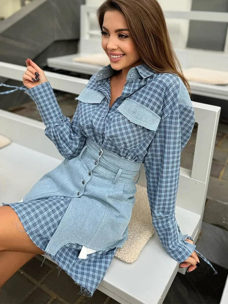 Lapel Color Blocked Shirt Waist Cinching Irregular Hem Short Skirt Set Woman Loose Long Plaid Shirt Patchwork Women Denim Suits