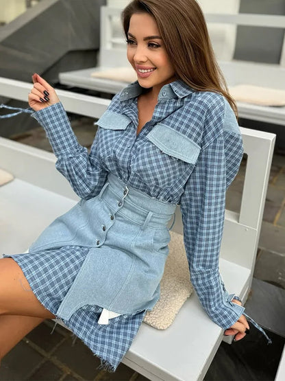 Lapel Color Blocked Shirt Waist Cinching Irregular Hem Short Skirt Set Woman Loose Long Plaid Shirt Patchwork Women Denim Suits