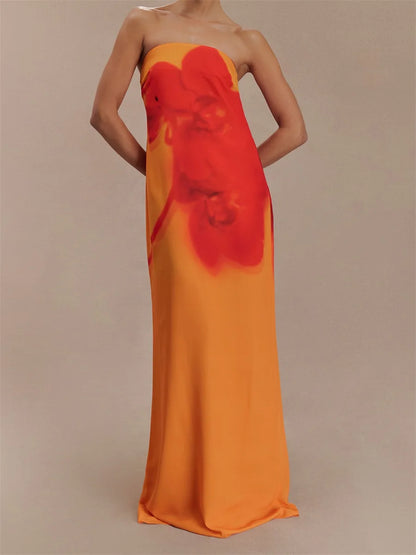 Women Long Dress Floral Print Tube Backless Casual Strapless Dress