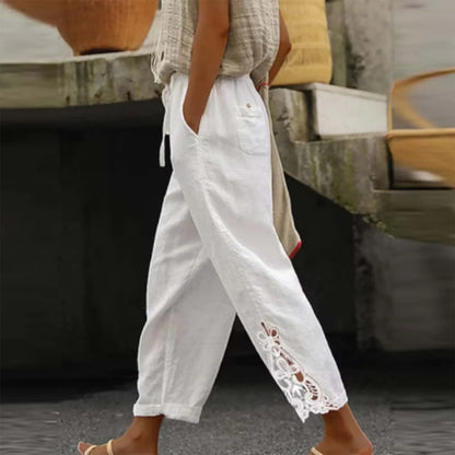 High Waist Casual Lace Spliced Pants Drawstring Pockets