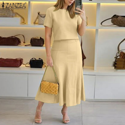 ZANZEA Fashion 2PCS Women Summer Dress Set Short Sleeve Blouse Sundress Casual Solid Outfits